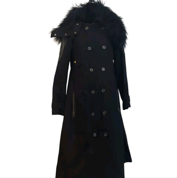 $1900 Nicholas K Fur Lined Leather Trim Trench Coat Black Sz M
